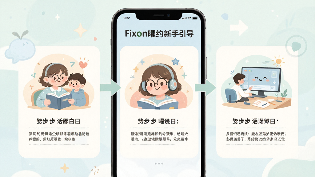 主体为Fixon曜约新手引导页面,布局为分步插图与文字说明;排版清晰;风格为友好亲切的插画风;细节包括手机界面、指引箭头、柔和配色;画质高清,干净,无多余元素