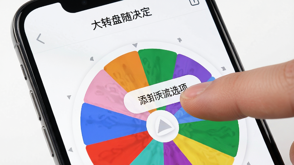 一个手机屏幕特写,屏幕中显示“大转盘随决定”的编辑界面,用户正在用手指点击添加新的选项文字,转盘上的扇形区域颜色各异,界面布局清晰,背景为白色,风格简洁现代,画质清晰,干净无多余元素
