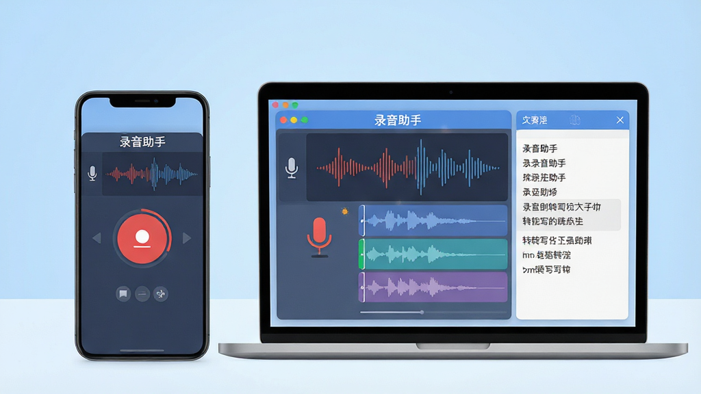 画面中央放置一部智能手机与一台笔记本电脑,屏幕上显示“录音助手”软件界面,界面中包含红色录音按钮、声波波形图与文字转换面板,背景为简洁的浅蓝色渐变,布局采用左右对称构图,风格为扁平化科技感UI展示,细节包含麦克风图标、音频轨道与转写文本行,画质为高清4K,干净整洁,无多余元素