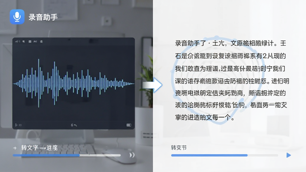 画面左侧为一段音频波形,右侧为对应的文字段落,中间用箭头连接,布局为左右对比式,风格为简约办公风,细节包含“录音助手”软件图标与转文字进度条,画质高清,干净整洁,无多余元素