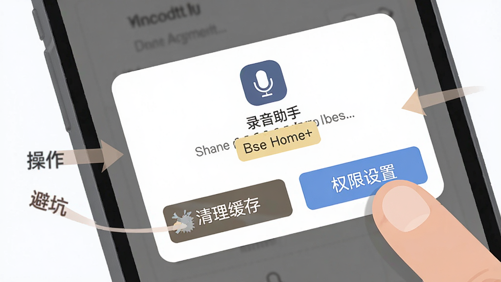 画面展示一部手机屏幕出现错误提示弹窗,旁边有手指点击“清理缓存”与“权限设置”按钮,布局为手机特写加操作指引箭头,风格为扁平化教程插画,细节包含“录音助手”图标与避坑文字标签,画质高清,干净整洁,无多余元素