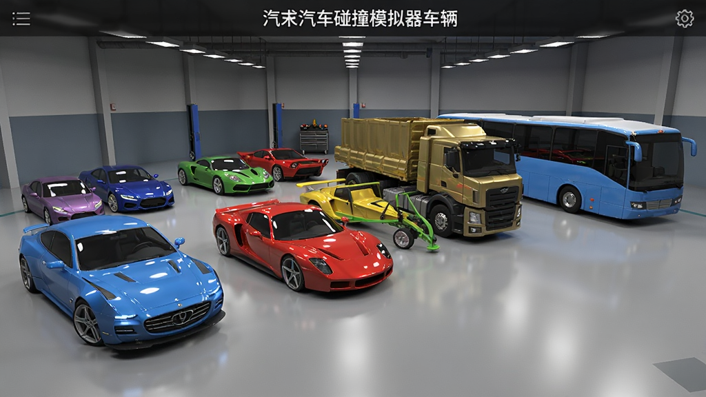 光束汽车碰撞模拟器车辆选择界面,展示多款不同颜色和型号的汽车排列在车库中,包括轿车、跑车、卡车和巴士,背景为虚拟车库环境,界面简洁清晰,3D写实风格,画质干净,无多余元素