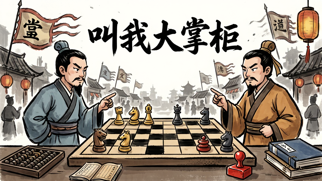 一幅展示古代商战对决场景的插画,画面中两位古装掌柜站在棋盘两侧对峙,棋盘上摆放着代表不同店铺的棋子,背景是繁华的城市轮廓和飘动的战旗,画面中央写着“叫我大掌柜”字样,布局采用对称式构图,风格为中国风水墨与卡通结合,细节包括算盘、账本、印章、灯笼,画质清晰,干净,无多余元素