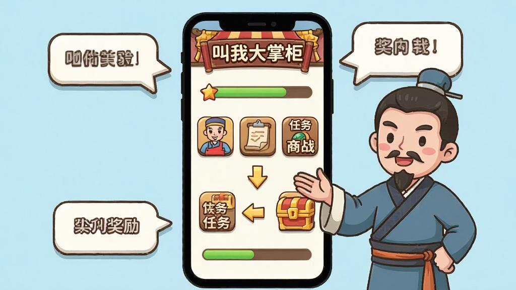 一幅展示手机游戏新手引导界面的插画,画面中一部智能手机竖屏显示“叫我大掌柜”的游戏主界面,界面上有店铺、伙计、任务、商战等图标按钮,旁边有一位古装掌柜做出指引手势,布局采用手机居中、周围环绕提示气泡的形式,风格为扁平化卡通,细节包括进度条、奖励宝箱、箭头指引,画质清晰,干净,无多余元素