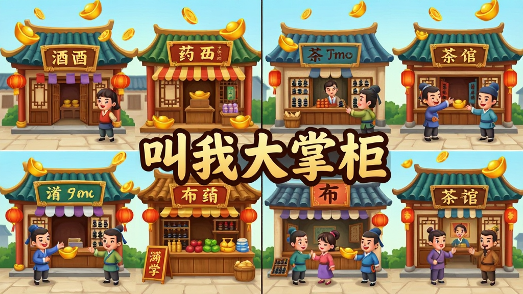 一幅展示古代商业店铺经营场景的插画,画面中并排排列着酒楼、药铺、布庄、茶馆四间不同风格的店铺,每间店铺门口都有伙计在招揽顾客,上方有金币和元宝飘落的动态效果,画面中央写着“叫我大掌柜”五个大字,布局采用四宫格分割再组合的形式,风格为卡通中国风,细节包括招牌、柜台、货物、算盘,画质清晰,干净,无多余元素