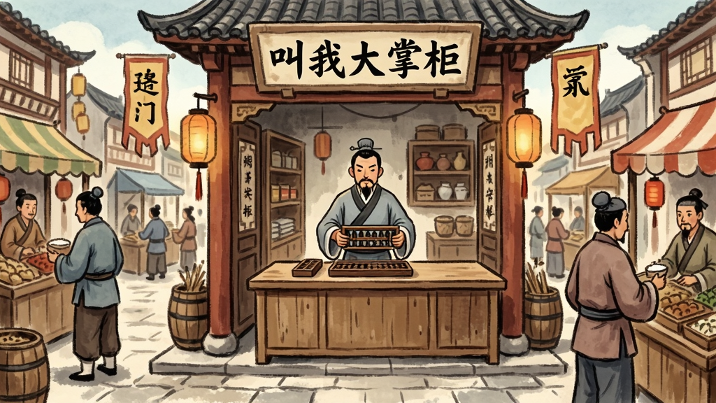 一幅中国古代繁华街市的场景插画,画面中央是一位身着古装的掌柜站在店铺门前打算盘,周围是热闹的集市摊位和来往的顾客,店铺招牌上写着“叫我大掌柜”,整体布局采用横向宽幅构图,风格为中国风工笔重彩,细节包括灯笼、幌子、青石板路、木质柜台,画质清晰,干净,无多余元素