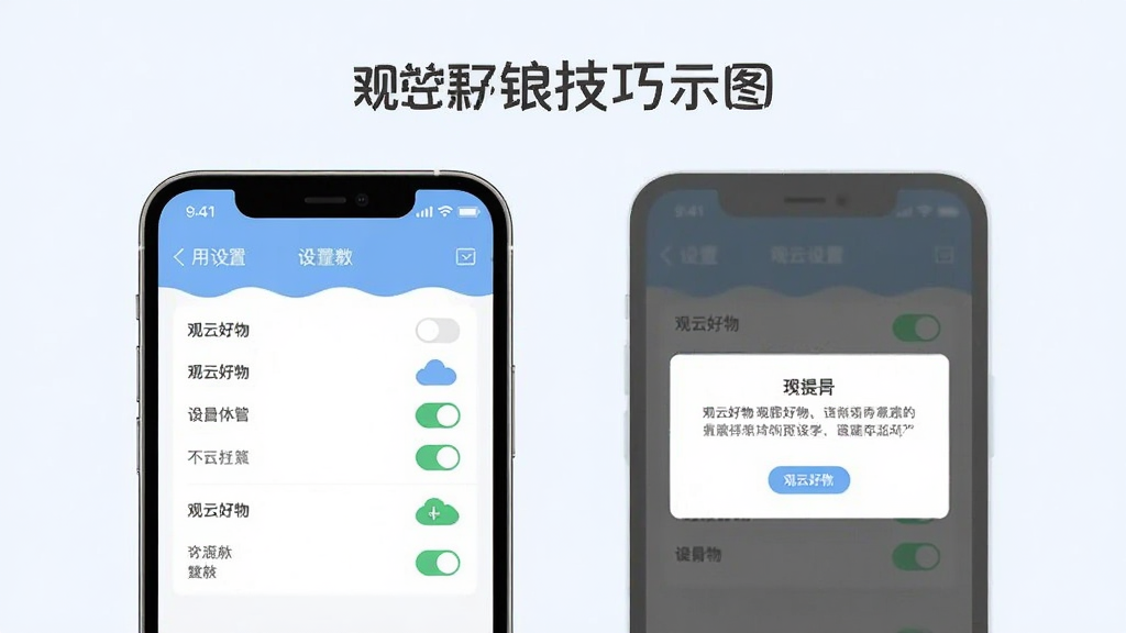 观云好物使用技巧示意图,主体为手机屏幕展示设置页面与提示弹窗,布局为上下结构,排版清晰,风格扁平化,细节包含中文选项文字、开关按钮、浅色背景,画质高清,画面干净,无多余元素