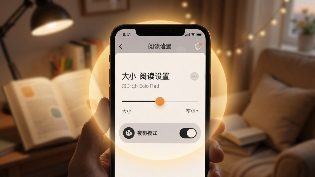每日精选应用中的阅读设置界面展示图,画面中手机屏幕显示着字体大小调节滑块与夜间模式开关,周围有柔和的暖色光晕,布局为居中特写,风格温馨舒适,细节上界面图标圆润清晰,背景为模糊的室内阅读场景,画质细腻,无杂乱元素