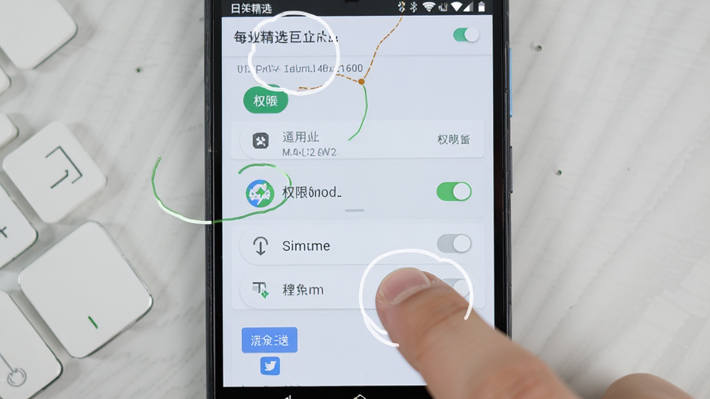 一部安卓手机屏幕上显示每日精选应用的设置与权限管理界面,画面中有手指点击屏幕的示意动作,布局为手机特写居中,风格为清晰的教程指引风,细节上界面按钮和开关清晰可见,背景为淡灰色桌面,画质明亮干净,无多余元素