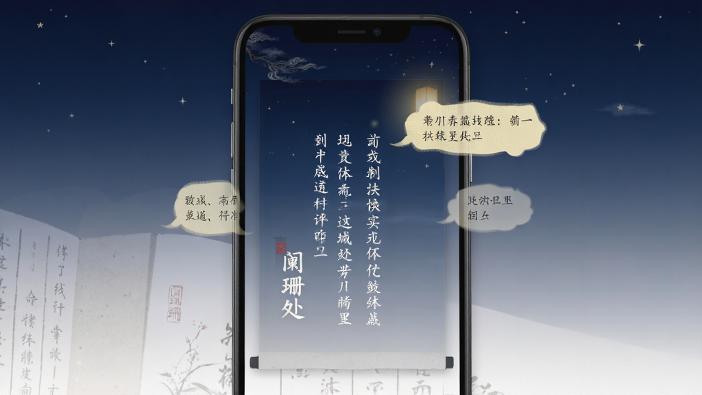 一款名为“阑珊处”的手机应用界面预览图,主体为竖屏手机屏幕,屏幕中央显示一段竖排古诗文字和淡黄色批注气泡,背景是深蓝到浅灰的渐变夜色,布局简洁留白多,风格为素雅中国风,细节包括书页纹理、微弱灯光晕染,画质清晰干净,无多余元素