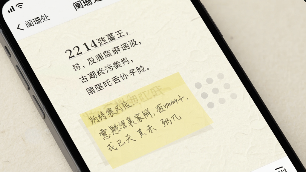手机屏幕特写,显示“阑珊处”应用内的阅读界面,一段古诗下方有半透明黄色便签批注,旁边有几个浅灰色小圆点代表他人批注,背景是柔和的米白色纸张纹理,风格清新极简,画质细腻干净