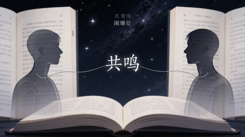 手机应用“阑珊处”的匿名匹配界面,两个半透明的抽象人形轮廓在书页两端通过一条细线连接,中间漂浮着“共鸣”二字,背景是深色星空与翻开的书本,风格静谧神秘,画质干净无多余装饰