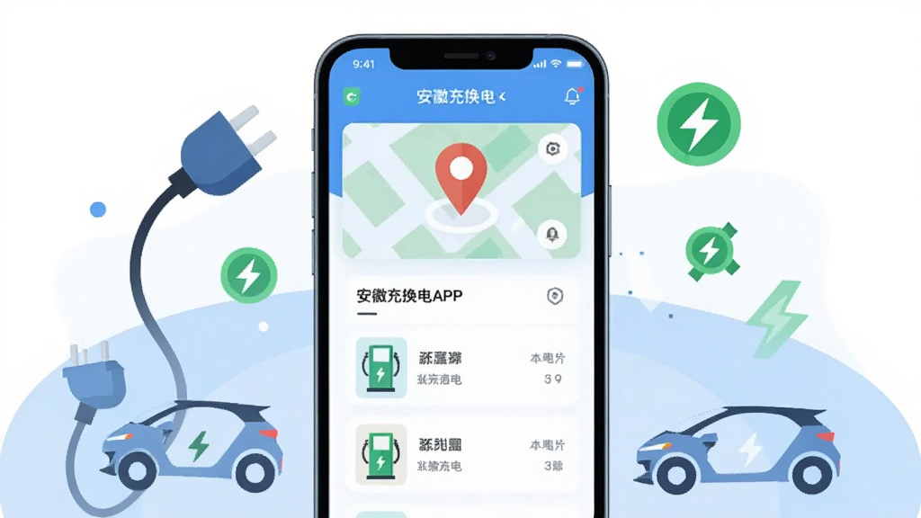 画面主体是一部智能手机,屏幕上显示着安徽充换电APP的主界面,包含地图定位图标和充电桩列表。布局为居中构图,手机下方有浅蓝色渐变背景。排版简洁,风格为现代科技扁平插画风。细节上手机周围环绕着充电插头、电动车轮廓和绿色能源符号。画质清晰干净,无多余元素。
