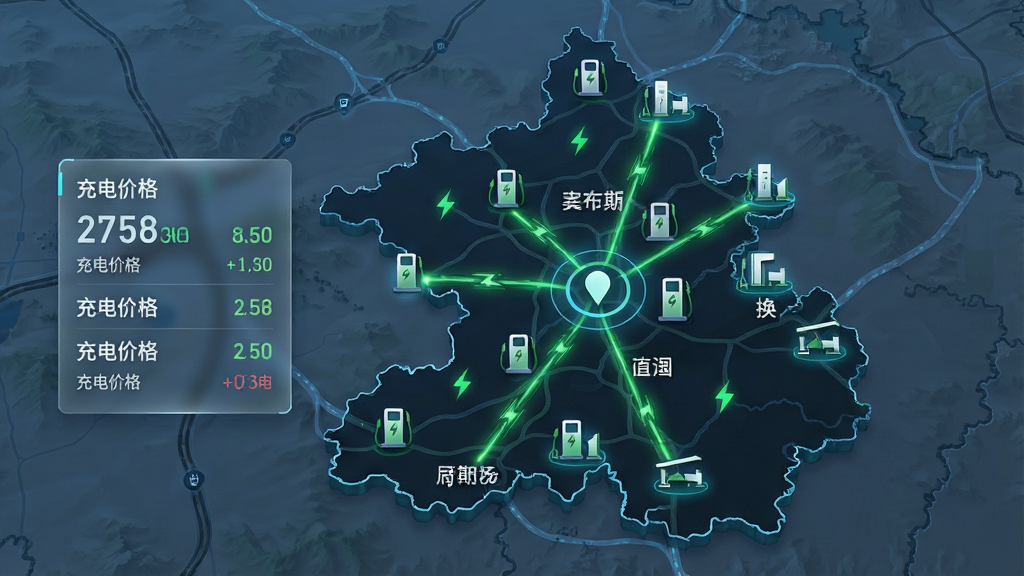 画面主体为一张安徽省地图轮廓,地图上散布着多个充电桩图标和换电站标志,地图中央有定位光标。布局采用俯视视角,地图铺满画面。排版上左侧有半透明信息卡片显示充电价格。风格为数据可视化科技风。细节包括地图上的城市名称标注和绿色能量线条连接各站点。画质高清,干净无杂乱元素。