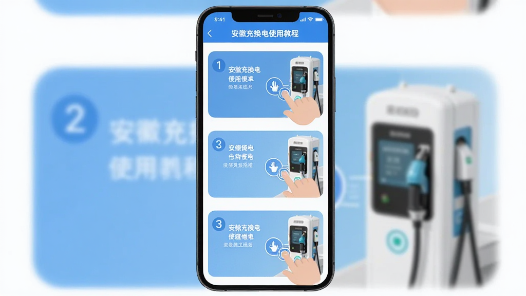 画面主体是手机屏幕显示安徽充换电使用教程界面,包含步骤编号和操作截图。布局为竖向排列,手机位于画面中央。排版上每一步骤配有简短文字说明。风格为清新扁平教程风。细节包括手指点击图标和充电桩连接示意。画质清晰干净,无多余元素。