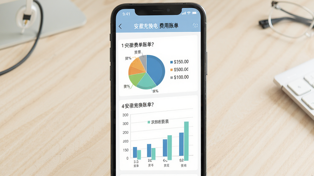 画面主体是手机屏幕显示安徽充换电的费用账单页面,包含饼状图和柱状图。布局为手机居中,背景是浅色办公桌面。排版上图表占据屏幕主要区域。风格为清新商务扁平风。细节包括账单条目、金额数字和统计图表。画质清晰干净,无多余元素。