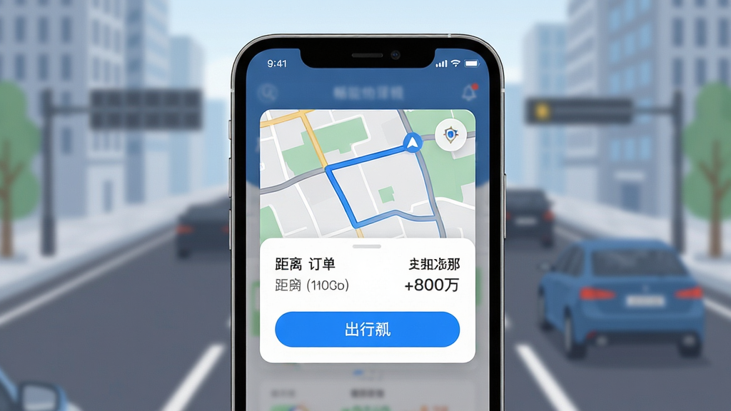畅行出行司机端智能订单推送功能展示图,画面主体为手机屏幕显示订单弹窗卡片,卡片内包含地图路线、距离与费用信息,背景为城市道路与车辆,布局采用居中特写排版,风格为简洁商务扁平化设计,细节包含蓝色高亮按钮、清晰文字、圆角边框,画质高清干净无多余元素