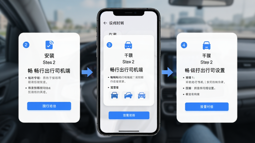 畅行出行司机端安装与使用教程示意图,画面主体为手机屏幕显示安装步骤与权限设置界面,布局采用分步卡片式排版,风格为简洁明快扁平化设计,细节包含步骤编号、箭头指引、蓝色高亮按钮,画质高清干净无多余元素
