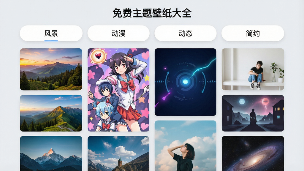 一张展示「免费主题壁纸大全」应用内分类页面的图片,页面顶部有多个分类标签,如“风景”、“动漫”、“动态”、“简约”,下方以瀑布流形式展示着不同分类下的高清壁纸预览图,画面色彩丰富,排版整齐。背景是柔和的浅灰色,整体风格干净清爽,画质高清,无多余元素。