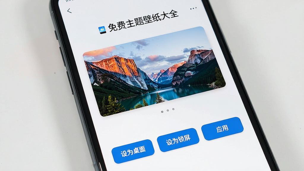 一张展示手机屏幕特写的图片,屏幕上正在显示「免费主题壁纸大全」应用的一键应用功能界面,画面中央是一张精美的风景壁纸预览图,下方有“设为桌面”、“设为锁屏”和“应用”三个醒目的按钮。手机界面简洁,操作逻辑清晰,整体风格现代,画质高清,无多余元素。