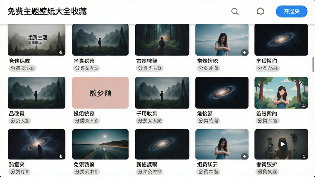 一张展示「免费主题壁纸大全」应用内收藏夹界面的图片,页面以列表形式展示着用户已收藏的多张壁纸缩略图,每张缩略图下方有对应的名称和分类标签。界面设计简洁,操作按钮清晰可见,背景为干净的白色,整体风格清爽,画质高清,无多余元素。