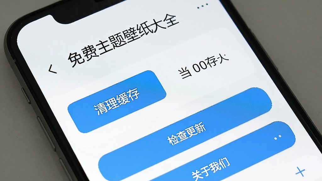 一张展示手机屏幕上「免费主题壁纸大全」应用设置界面的图片,界面中有一个“清理缓存”的按钮,旁边显示当前缓存大小,下方还有“检查更新”和“关于我们”等选项。手机界面简洁,按钮设计醒目,整体风格清爽,画质高清,无多余元素。