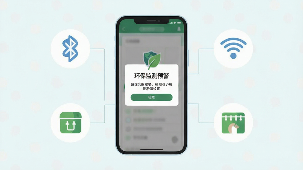 环保监测预警手机安装与权限设置示意图,画面中央为手机屏幕,屏幕内显示“环保监测预警”权限授权弹窗,周围环绕蓝牙、网络、存储图标;整体采用浅色扁平风格,布局清晰,细节干净,画质高清,无多余元素