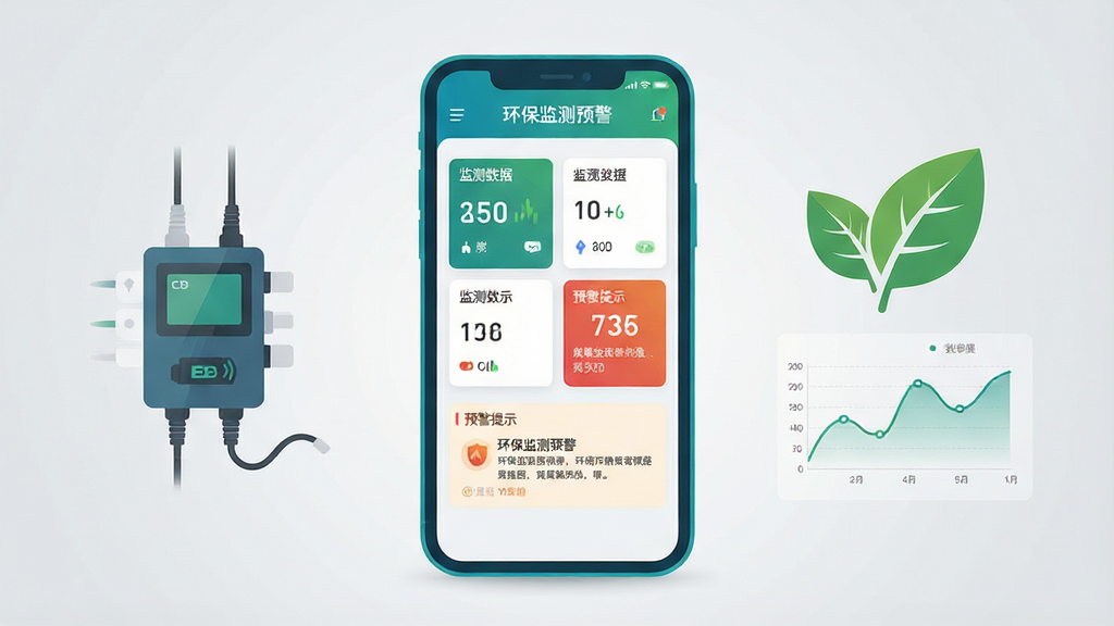 环保监测预警软件主界面展示,中央放置一个蓝绿色调的智能手机,屏幕内显示“环保监测预警”应用首页,包含监测数据卡片与预警提示区域;背景为浅灰色渐变,左侧点缀OBD设备图标,右侧放置环保叶片与数据曲线元素;整体采用扁平化科技风格,排版干净整齐,细节清晰,画质高清,无多余装饰元素