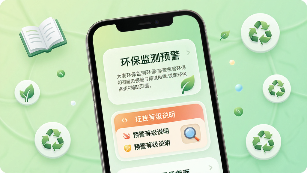 环保监测预警环保知识辅助页面,手机屏幕中显示“环保监测预警”知识卡片与预警等级说明,背景为浅绿色渐变,周围点缀书本与环保图标;整体采用柔和圆角风格,排版舒适,细节干净,画质高清