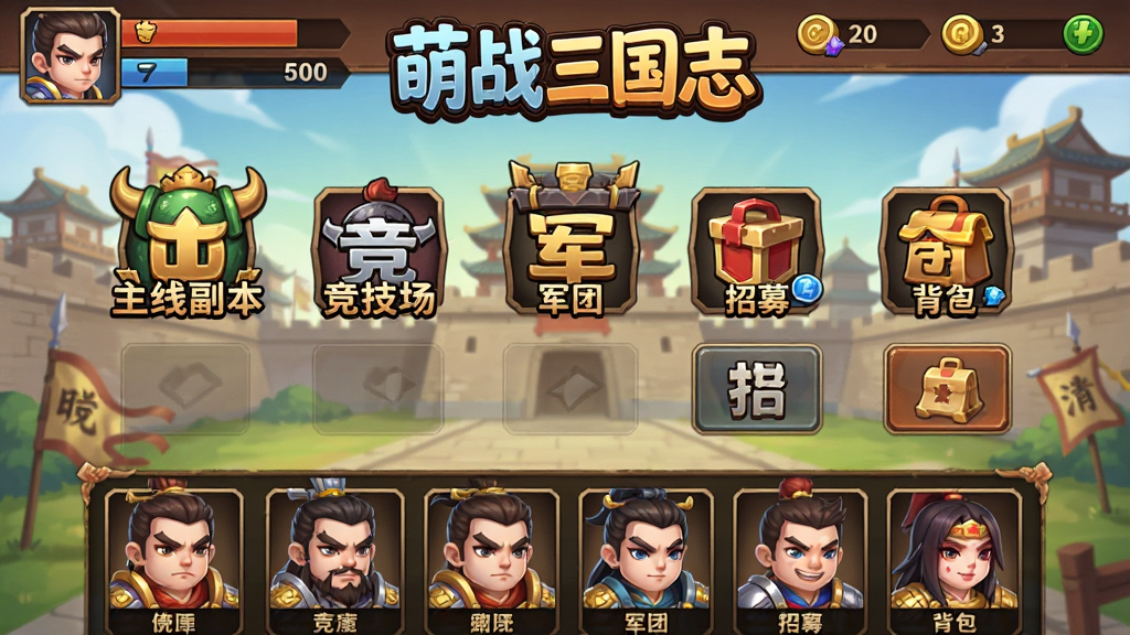 萌战三国志游戏主界面截图,画面主体为游戏大厅界面,显示多个功能入口按钮,包括主线副本、竞技场、军团、招募、背包等图标。布局采用上下结构,顶部显示玩家头像、等级、资源数量,中部为功能按钮区域,底部为武将展示区。排版上游戏LOGO萌战三国志位于顶部醒目位置。风格为Q版三国主题UI,细节包括按钮的三国元素装饰、背景的古代城池图案。画质高清,界面布局清晰,无多余元素。