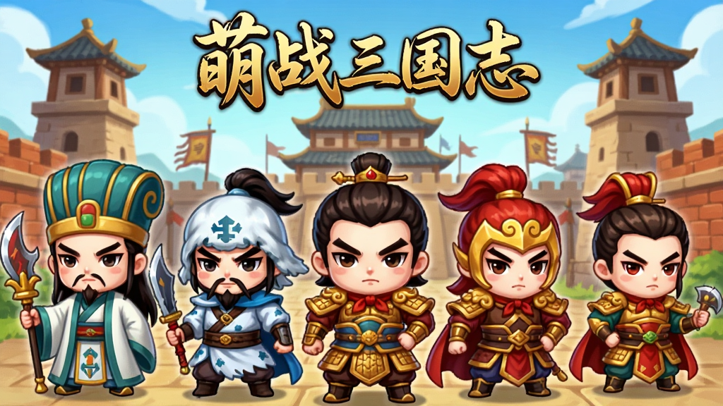 一款名为萌战三国志的Q版三国卡牌手游宣传图,画面主体为多个萌化三国武将角色并排站立,包括诸葛亮、赵云、吕布等经典人物,角色采用日系Q版风格,大头小身比例,色彩鲜艳明亮。布局采用横向构图,角色均匀分布在画面中央,背景为古代城池与烽火台元素。排版上游戏名称萌战三国志以金色书法字体置于画面顶部中央。整体风格为日系Q版卡通风,细节包括角色服饰的三国元素纹饰、武器道具、城池砖瓦纹理。画质高清,画面干净,无多余元素。