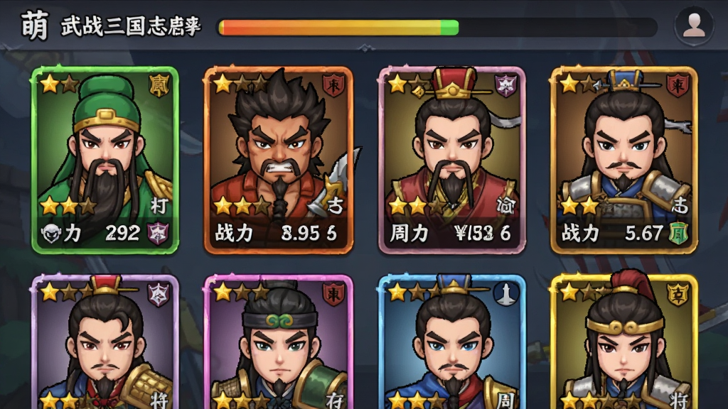 萌战三国志游戏中的武将收集界面展示,画面主体为多个Q版三国武将卡牌整齐排列,包括关羽、张飞、曹操、周瑜等角色,每张卡牌上显示武将头像、星级、战力数值。布局采用网格状排列,卡牌大小一致间距均匀。排版上顶部显示武将收集进度条。风格为日系Q版卡牌UI风格,细节包括卡牌边框的稀有度颜色区分、星级标识、阵营图标。画质清晰,界面干净整洁,无多余元素。