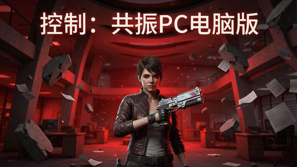 一张展示控制:共振PC电脑版游戏主界面的宽屏截图风格图片,画面主体为一位短发女性角色手持造型奇特的手枪站在充满红色光晕的扭曲办公楼大厅中央,周围漂浮着破碎的混凝土块和文件纸张,布局采用中心对称构图,角色位于画面正下方三分之一处,背景上方用发光字体写着“控制:共振PC电脑版”,排版简洁大气,风格为科幻超自然写实风,细节包括角色服装的皮质纹理、手枪表面的金属反光、空气中弥漫的红色粒子尘埃,画质为4K超高清,干净通透,无多余UI元素遮挡