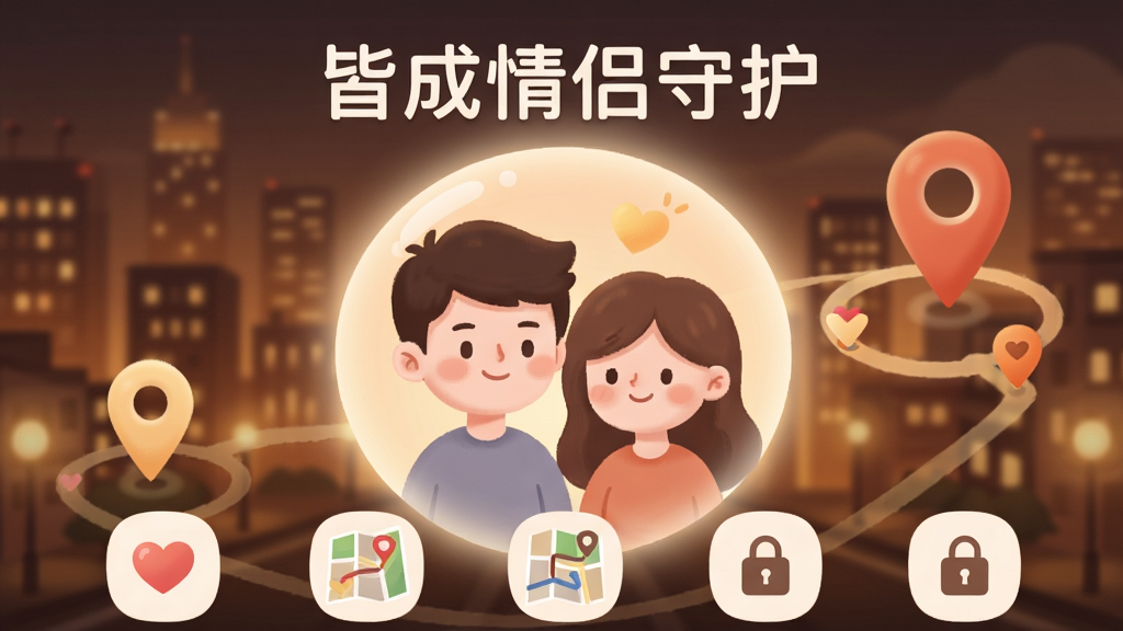 手机屏幕中央显示两个卡通情侣头像被一个柔和光圈环绕,背景是温暖的城市夜景与定位图钉元素,画面顶部写有“皆成情侣守护”字样,布局采用上下结构,上方为软件名称下方为功能图标排列,风格温馨简约,细节包含爱心、地图路线、小锁图标,画质高清干净无多余元素