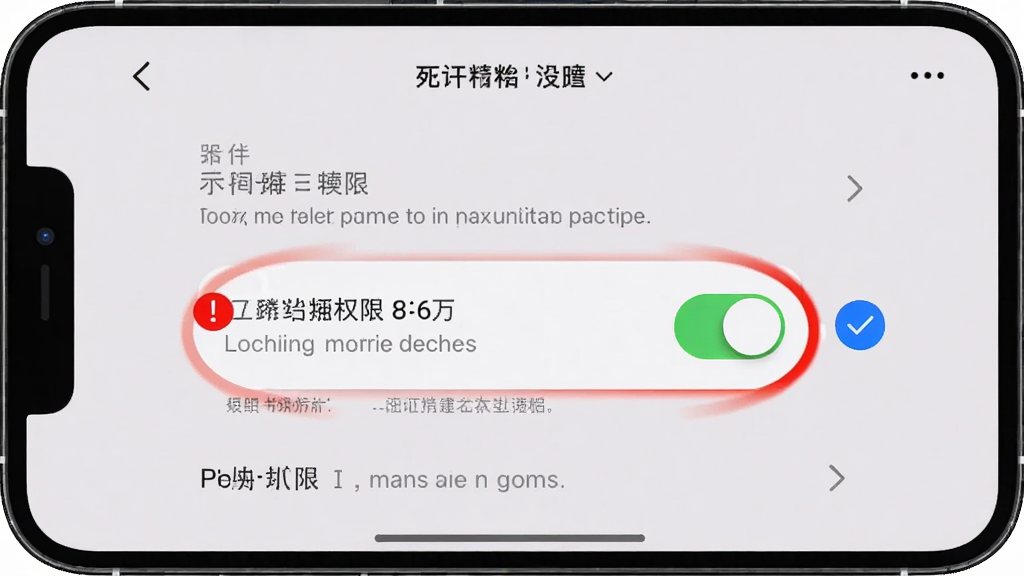 手机屏幕显示皆成情侣守护的权限设置页面,页面中定位权限开关被高亮圈出,旁边有红色感叹号和蓝色对勾图标,布局为居中手机界面,风格简洁警示感,细节包含设置列表、权限选项、提示文字,画质高清干净无多余元素