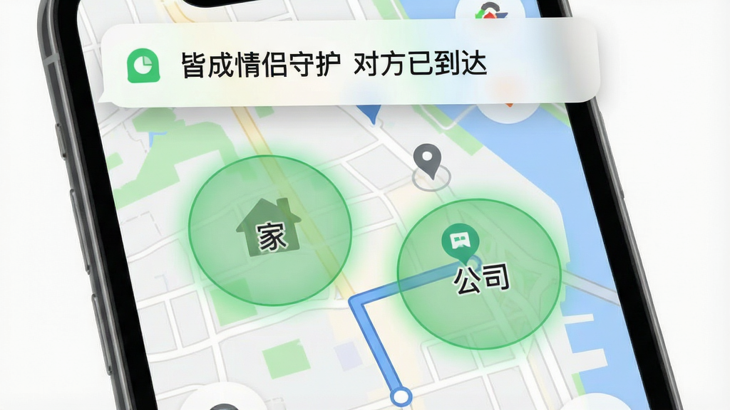 手机界面截图风格,画面中是一张城市地图,地图上用半透明绿色圆圈标出“家”和“公司”两个区域,圆圈边缘有柔和光晕,屏幕顶部弹出通知气泡写有“皆成情侣守护 对方已到达”,布局为上方通知下方地图,风格简洁现代,细节包含定位图钉、路径线条,画质高清干净无多余元素