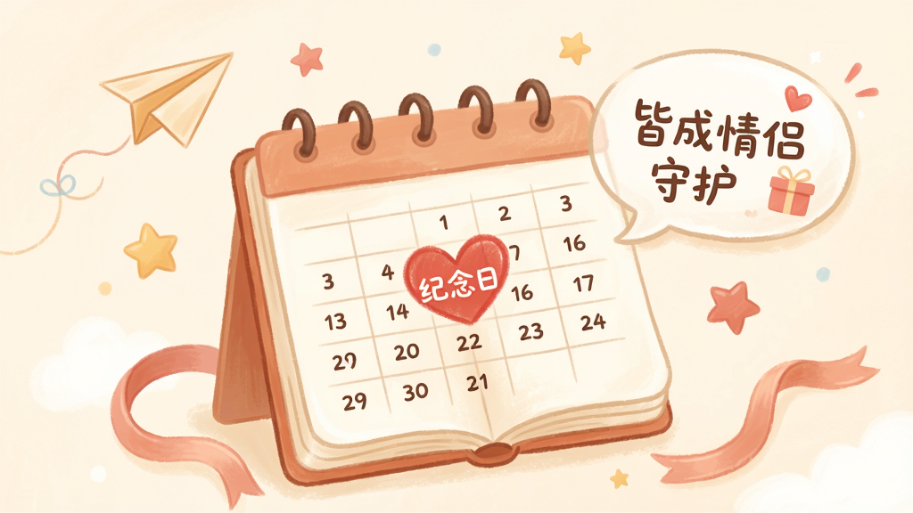 柔和色调的插画,画面中央是一本打开的日历,日历上某一天画有红色爱心并标注“纪念日”,旁边漂浮着写有“皆成情侣守护”的对话框和小礼物图标,布局为日历居中、元素环绕,风格温暖治愈,细节包含纸飞机、小星星、丝带,画质高清干净无多余元素