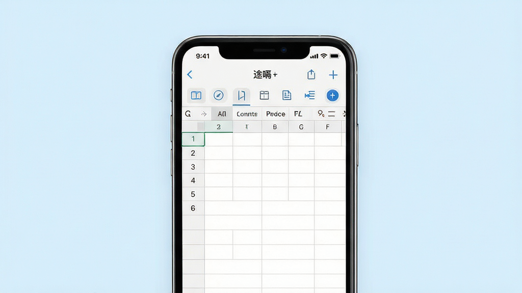 途嗝手机表格应用主界面展示,画面中央是一部智能手机,屏幕显示简洁的表格编辑界面,包含行列网格与功能按钮,背景为淡蓝色渐变,风格清新简约,细节清晰,画质干净,无多余元素