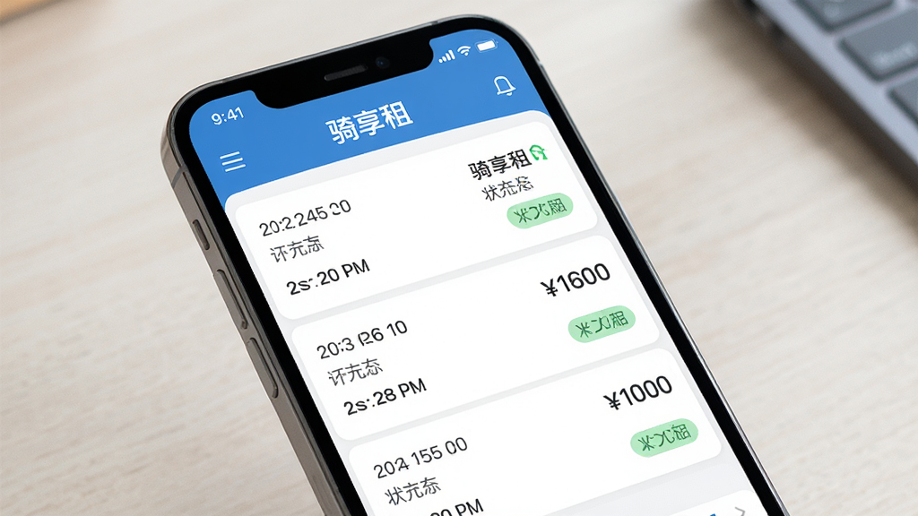 骑享租订单管理界面展示,画面主体为手机屏幕显示订单列表与费用明细页面,屏幕上有骑享租文字标识,布局为列表式排版,风格为清爽商务风,细节包括时间戳、金额数字、状态标签,画质高清,干净,无多余元素