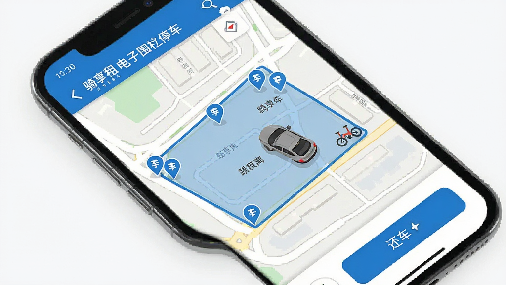骑享租电子围栏停车展示,画面主体为手机屏幕显示地图界面,地图上以蓝色区域标注可停车范围,界面中有骑享租文字标识,布局为俯视地图视角,排版清晰展示围栏边界与车辆位置,风格为扁平化地图设计,细节包括停车点图标、距离提示、还车按钮,画质高清,干净,无多余元素