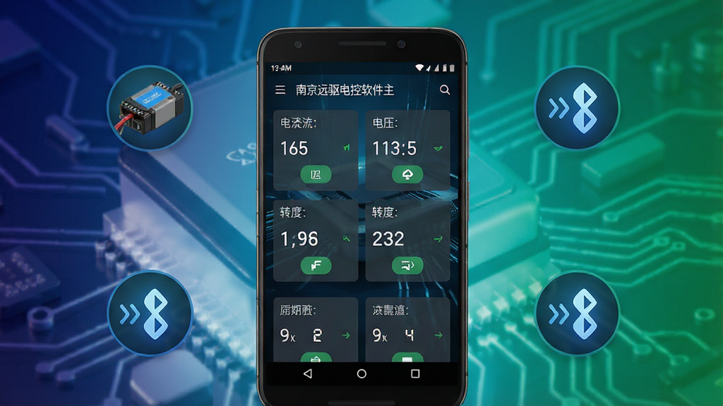 一张展示南京远驱电控软件主界面的手机截图,画面中央放置一部安卓手机,手机屏幕显示软件参数调节面板,包含电流、电压、转速等数据卡片,背景为深色科技感渐变,周围环绕电动车控制器和蓝牙连接图标,整体风格简洁现代,细节清晰,画质高清,干净无多余元素