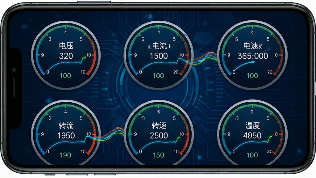 一张南京远驱电控实时数据监控界面的手机应用截图,画面中手机屏幕显示多个圆形仪表盘,分别标注电压、电流、转速和温度数值,数据线条动态延伸,背景为深蓝色科技纹理,布局整齐,风格专业,细节丰富,画质清晰,干净无多余元素