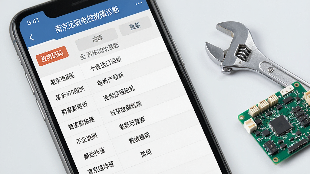 一张南京远驱电控故障诊断界面的手机截图,手机屏幕显示故障码列表和中文说明文字,旁边配有扳手和电路板元素,背景为浅灰色简洁风格,布局清晰,细节到位,画质高清,干净无多余元素