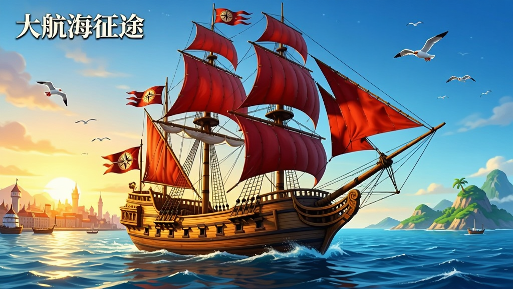 一幅宏大航海主题场景插画,画面中央是一艘悬挂红色风帆的三桅帆船航行在蔚蓝大海上,船头朝向画面右侧,船身木质纹理清晰可见,桅杆上飘扬着带有罗盘图案的旗帜,背景左侧是夕阳余晖下的港口城市,右侧是若隐若现的绿色岛屿,海面波光粼粼,天空有海鸥飞翔,整体风格写实偏奇幻,色彩明亮饱和,构图采用广角视野,画质高清干净无多余元素,画面左上角有