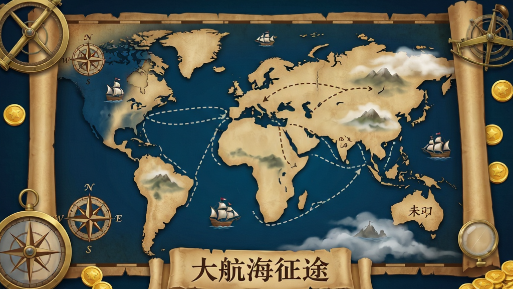 一幅世界地图探索界面风格的插画,画面主体是一张展开的古代世界地图,上面用虚线标注着从欧洲到亚洲的航线,地图上散布着帆船图标、罗盘玫瑰和未知区域的迷雾效果,画面四周点缀着航海仪器和金币,风格复古探险主题,色调偏羊皮纸色与深蓝海洋色,画质精细,画面底部有