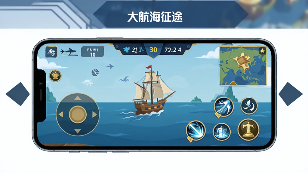 一幅手机游戏操作界面示意图,画面展示一部横向放置的智能手机屏幕,屏幕内显示航海游戏主界面,左侧有虚拟摇杆,右侧有技能按钮和地图缩略图,屏幕上方显示风向和船速信息,手机周围有
