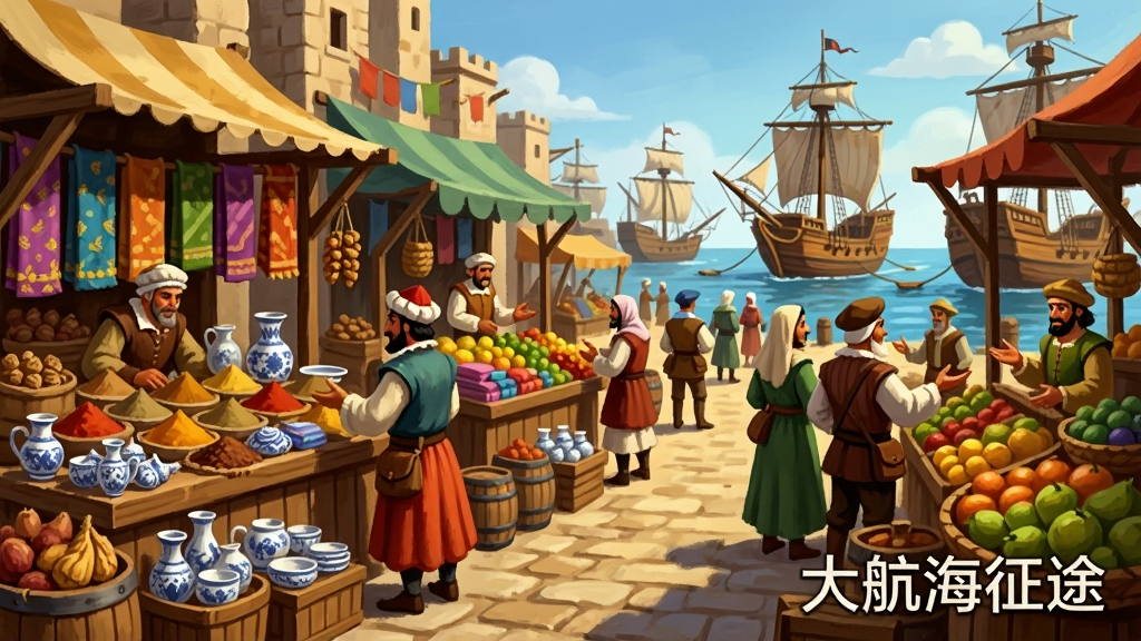 一幅港口贸易市场场景插画,画面中是一个热闹的16世纪港口集市,木质摊位上堆满香料、丝绸、瓷器和水果,商人们穿着各色传统服饰在讨价还价,背景是停泊着多艘帆船的码头和蔚蓝天空,风格色彩鲜艳细节丰富,构图饱满,画质高清干净,画面右下角有