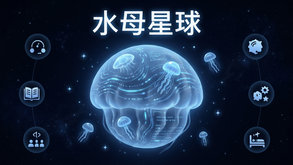 画面中央是一个散发着柔和蓝色光芒的透明水母星球,悬浮在深邃的宇宙背景中,星球表面有流动的数据光纹和细小的水母状生物游动。布局采用中心对称构图,四周环绕着代表专注、学习、休息的简约图标。排版上软件名称“水母星球”以白色发光字体置于画面正上方。风格为科幻治愈系,细节包括星球表面的细腻纹理、周围漂浮的微小星光粒子。画质要求4K高清,画面干净,无多余元素。