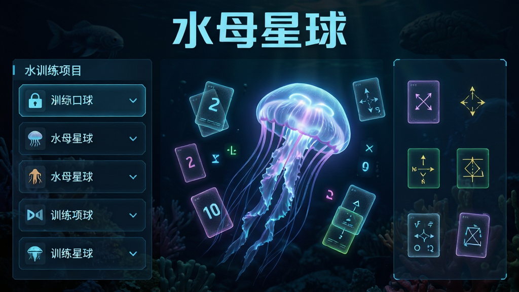画面展示一个充满未来感的脑力训练场景,中央是一只发光的半透明水母,周围漂浮着数字卡片和逻辑图形。布局采用左右分栏,左侧为训练项目列表,右侧为游戏互动区域。排版上“水母星球”文字以科技感字体显示在顶部。风格为赛博朋克与海洋元素结合,细节包括水母触手的光影效果、卡片上的数字和符号。画质高清,画面干净,无多余元素。