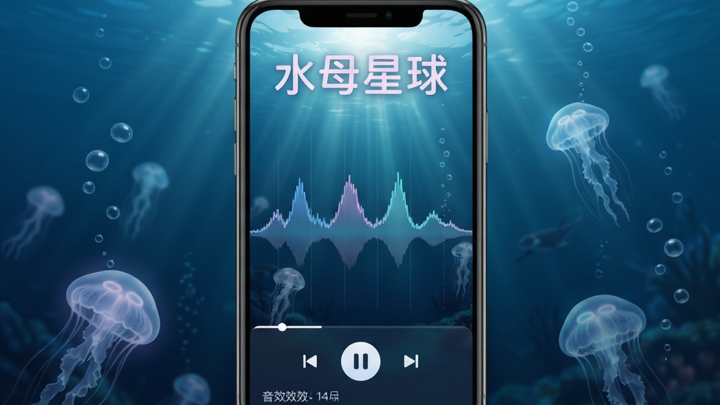 画面展示一个音频播放界面,中央是波浪形的频谱动画,背景是深海场景,有阳光透过水面照射下来。布局为手机竖屏,底部是播放控制按钮和音效列表。排版上“水母星球”文字以柔和字体显示在顶部。风格为宁静治愈系,细节包括水母在背景中缓缓游动、气泡上升效果。画质高清,画面干净,无多余元素。